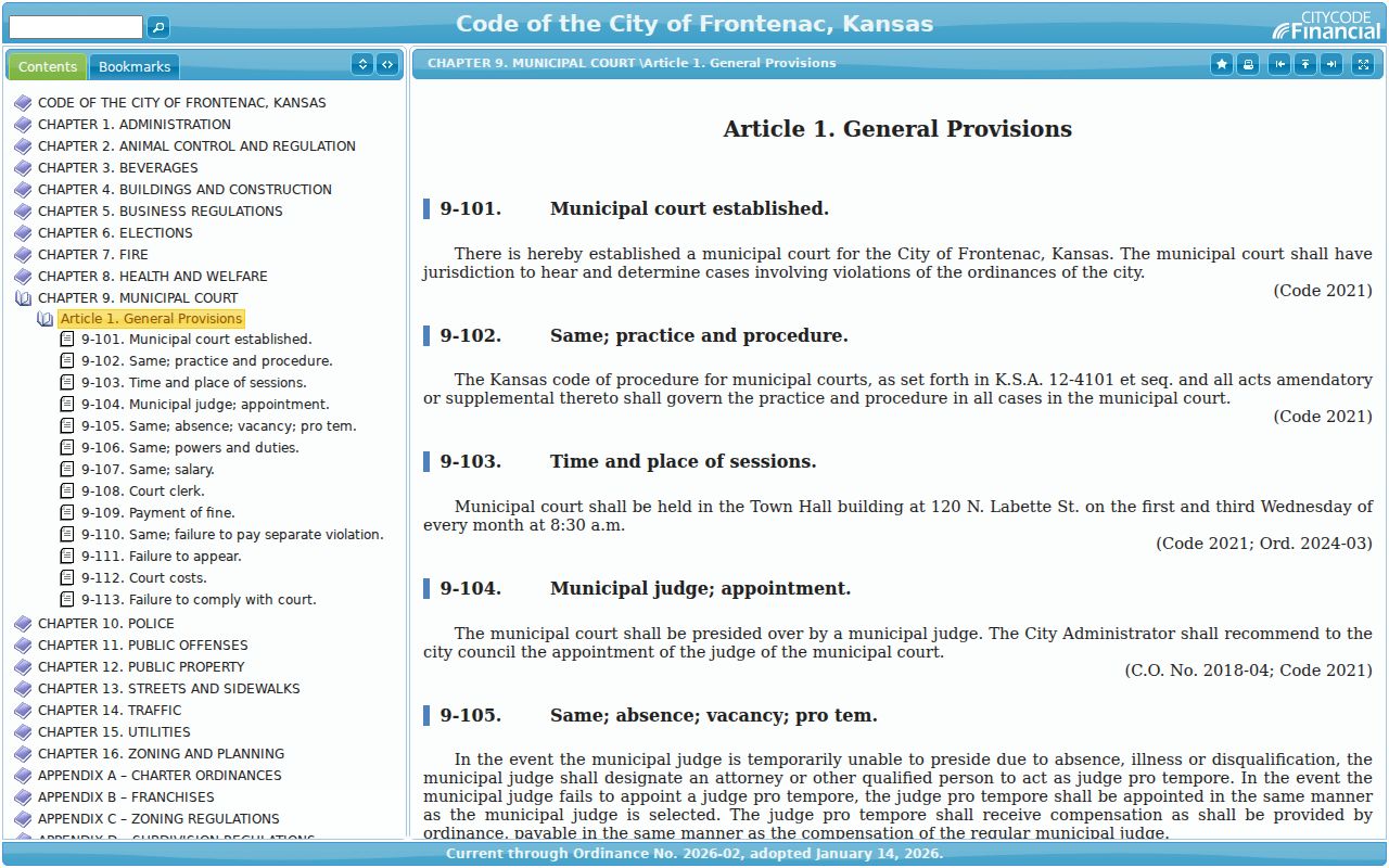Frontenac municipal court code and schedule