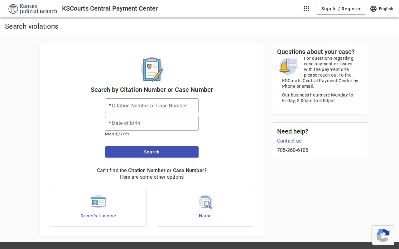 Kansas Central Payment Center court search screen