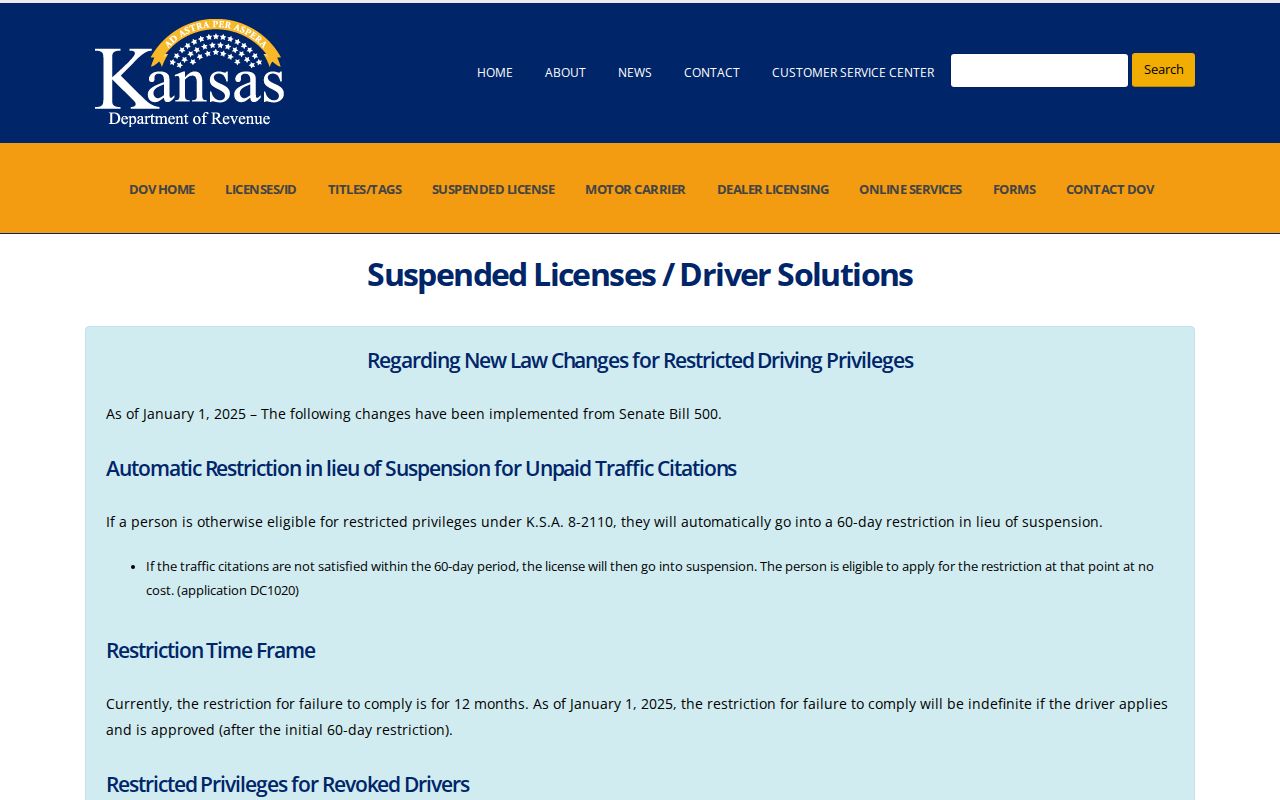 Kansas Department of Revenue suspended license information page